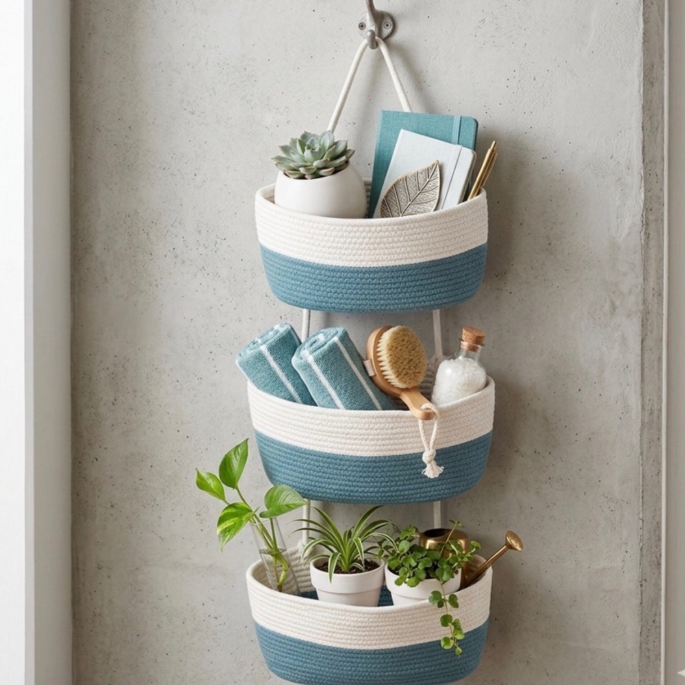 Hanging Rope Basket Trio in Teal and Cream